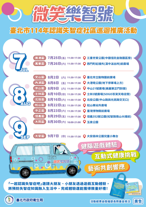 台北市衛生局114年7月25日至9月7日辦理12場「微笑樂智號 」認識失智症社區巡迴推廣活動圖片